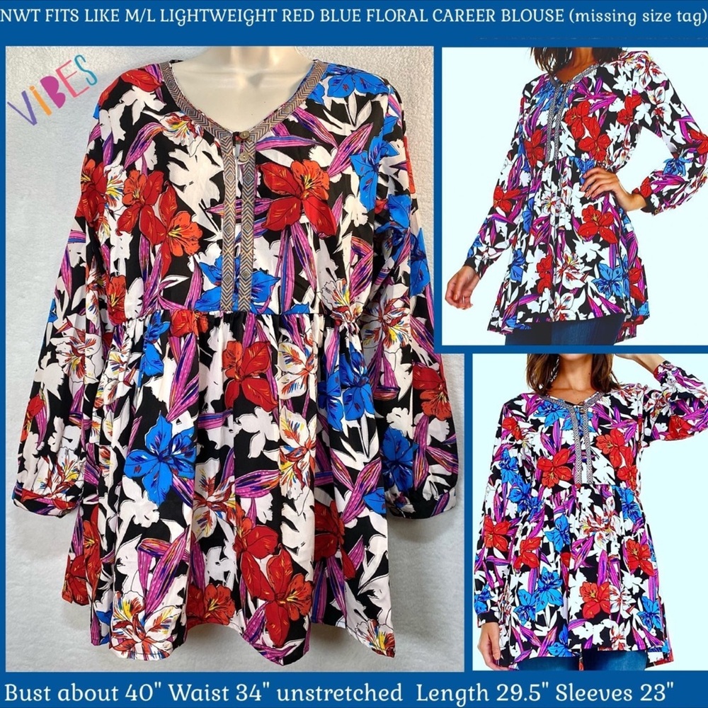 NWT M/L LIGHTWEIGHT RED BLUE FLORAL CAREER BLOUSE-MISSING SIZE TAG FITS LIKE M/L